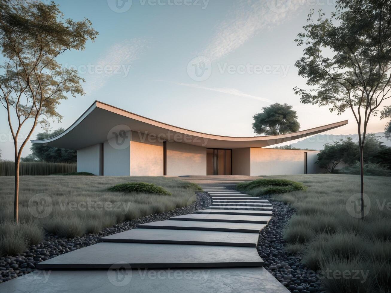 a house with a curved roof and a walkway leading to ita house with a curved roof and a walkway leading to it. photo