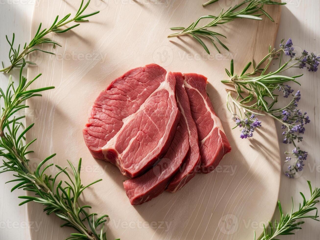Thinly sliced raw beef sirloin steak placed on a clean wooden cutting board with sprigs of fresh rosemary arranged around it for garnish photo