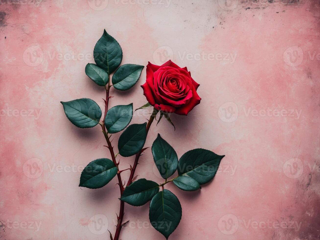 Red rose flowers corner flat lay with on pink grunge texture background photo