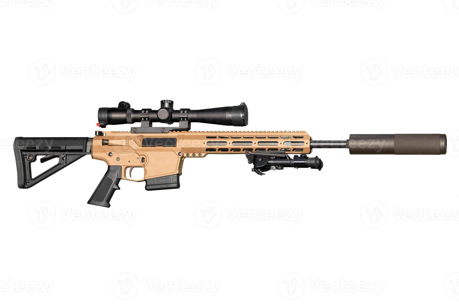 Assault rifle, a rifled firearm with an optical sight and a silencer, isolated on a white background. photo