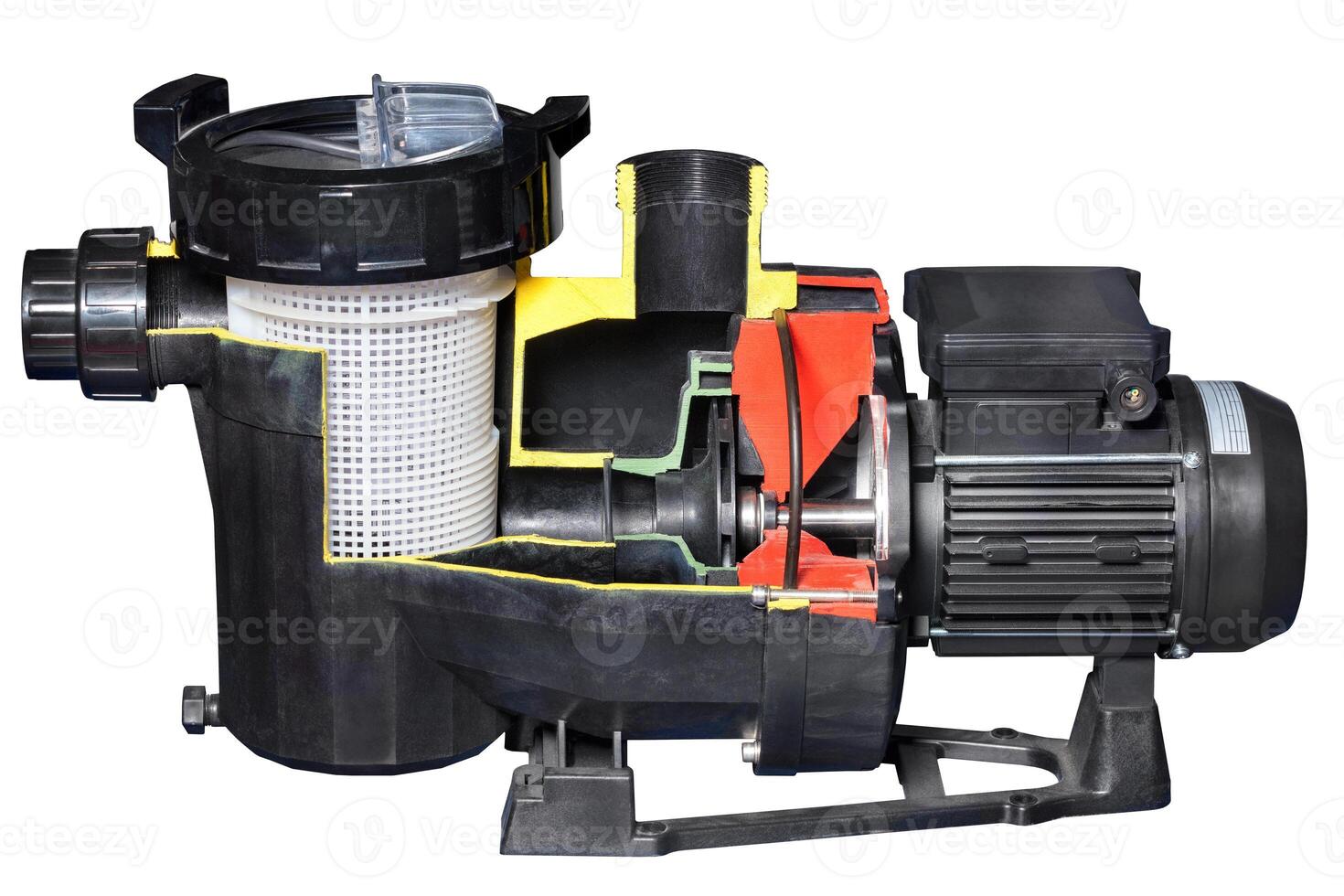 Cross-section of a high-pressure water pump with a built-in coarse filter. Isolated on white background. photo