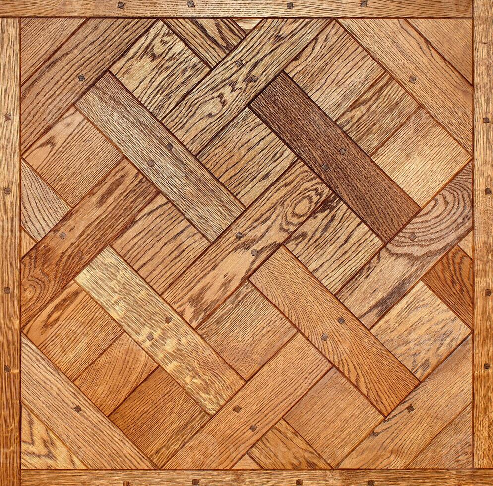 Beautiful binding in an oak wooden shield with a parquet pattern. photo