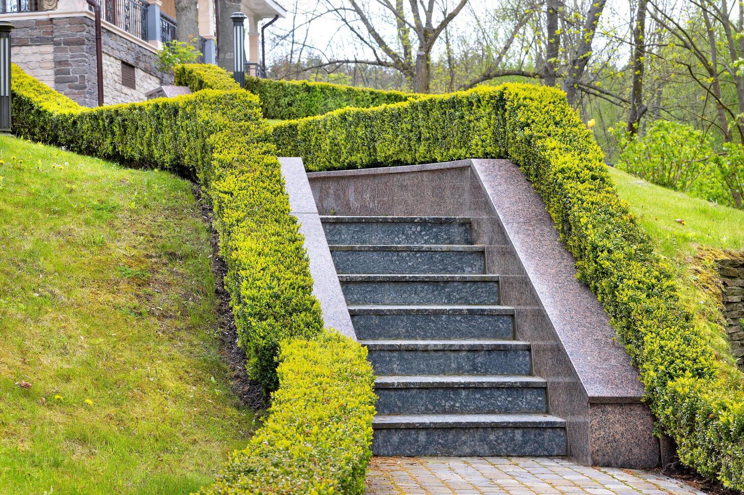 Beautiful landscaping of a personal plot on a slope with a granite staircase and trimmed bushes. photo