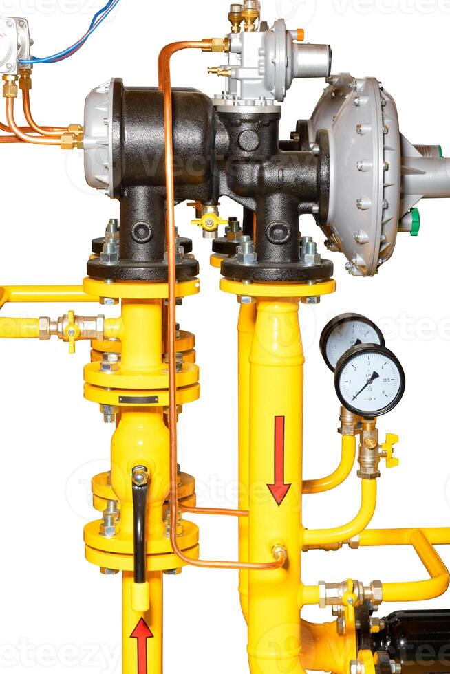 Gas pressure stabilizers with valves and pressure gauges. Isolated on white background. photo