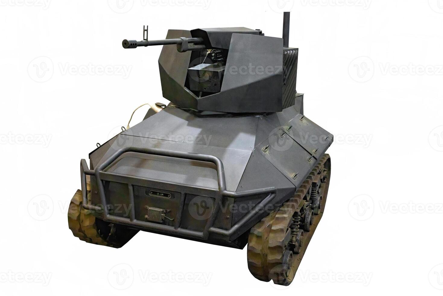 Armed military ground drone on a crawler isolated on a white background. photo