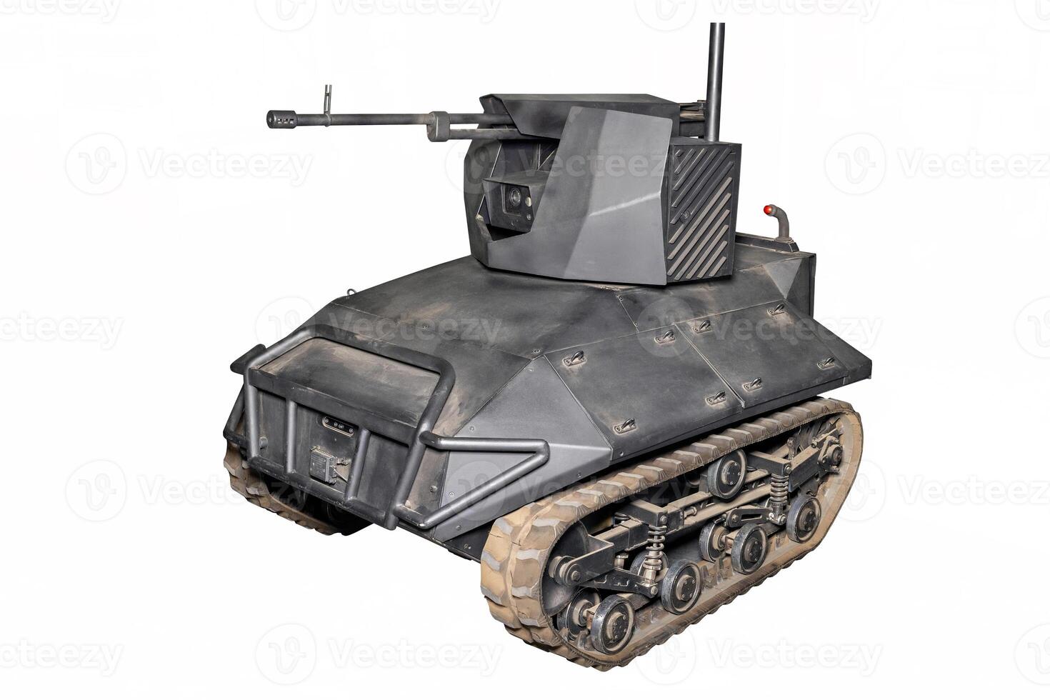 Military ground drone vehicle features a remote weapon system and continuous tracks isolated on a white background. photo