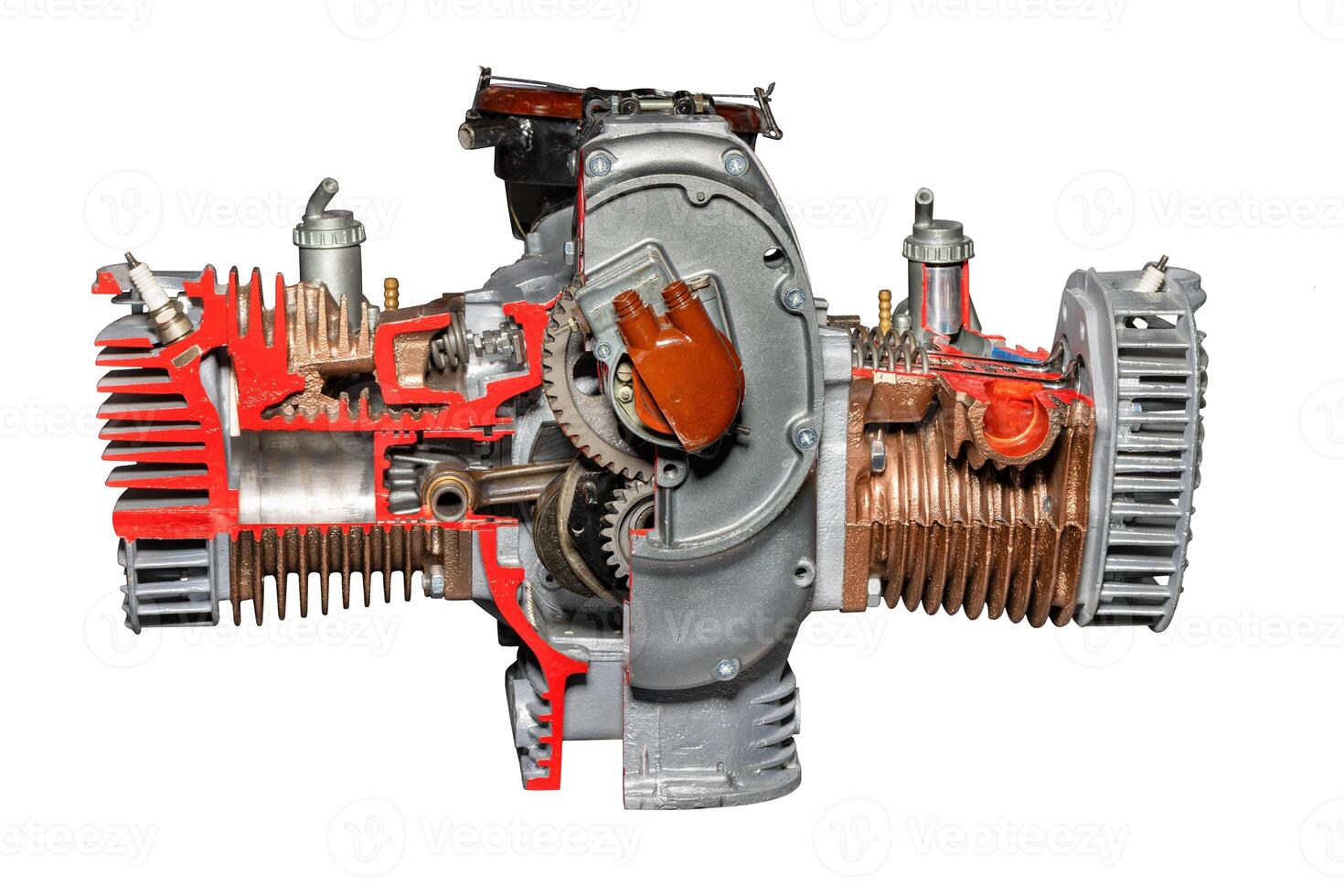 The internal combustion engine of a modern car on a stand in the cut. photo