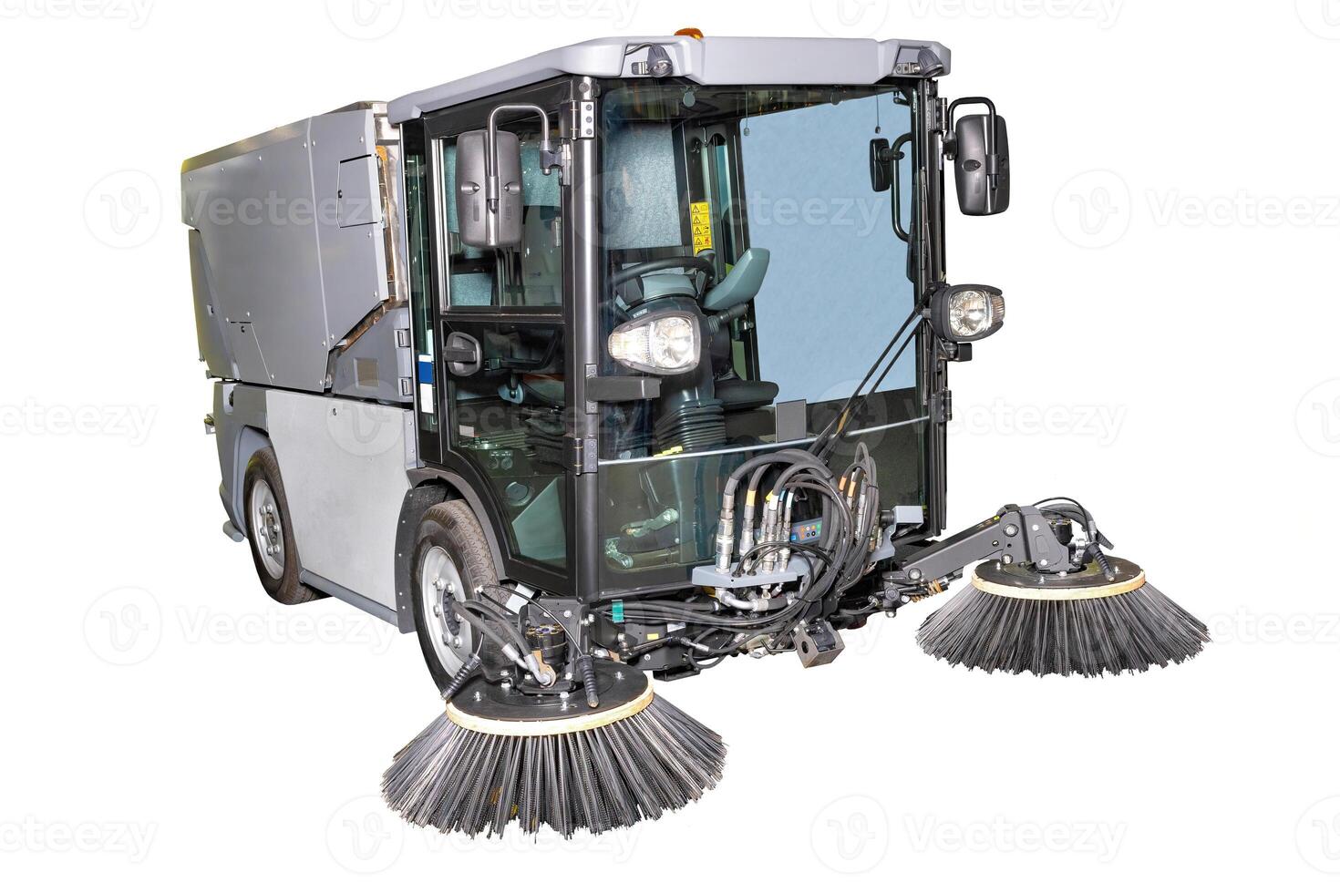 Advanced Street Sweeper Machine with Rotating Brushes for Urban Cleaning, Isolated on White Background, Efficient Cleaning Concept photo