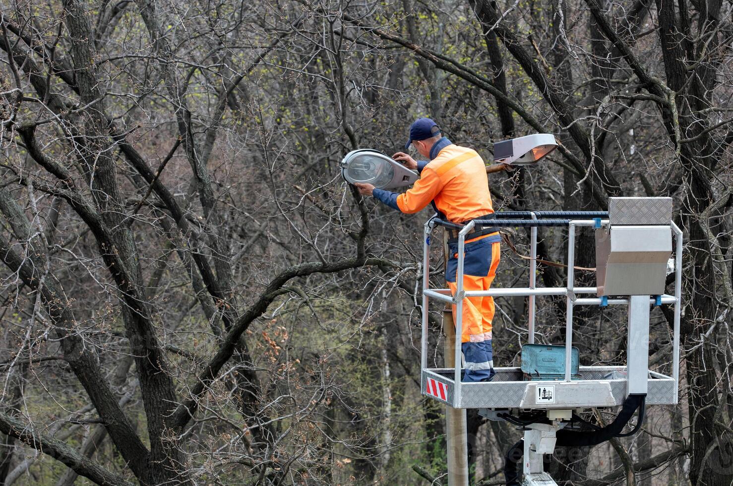 Worker in orange uniform maintaining street lamp from lift amid bare trees in early spring, nature restoration concept photo