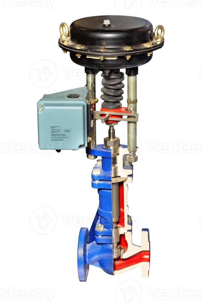 Innovative valve design showcases engineering precision in industrial applications, isolated on white background. photo