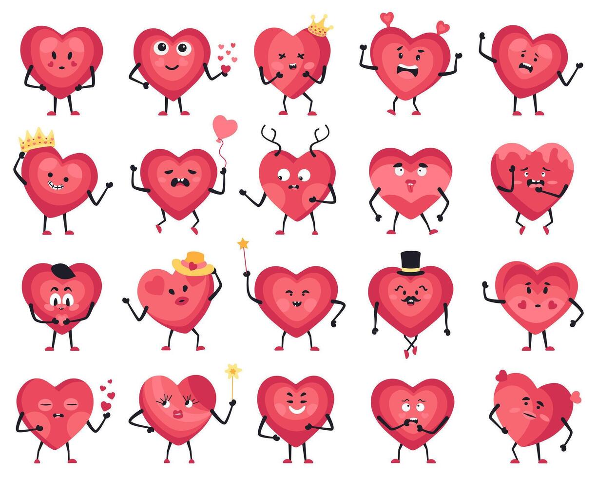 Set of 20 adorable heart mascot characters displaying various emotions and expressions vector