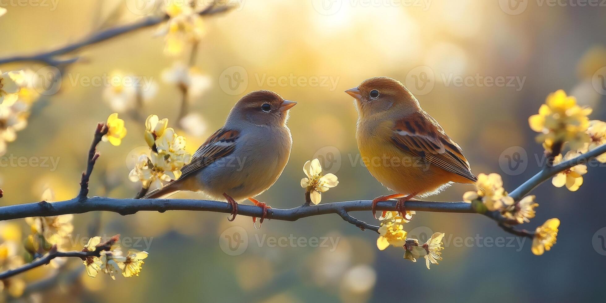 Two birds perching on blooming tree branch at sunrise photo