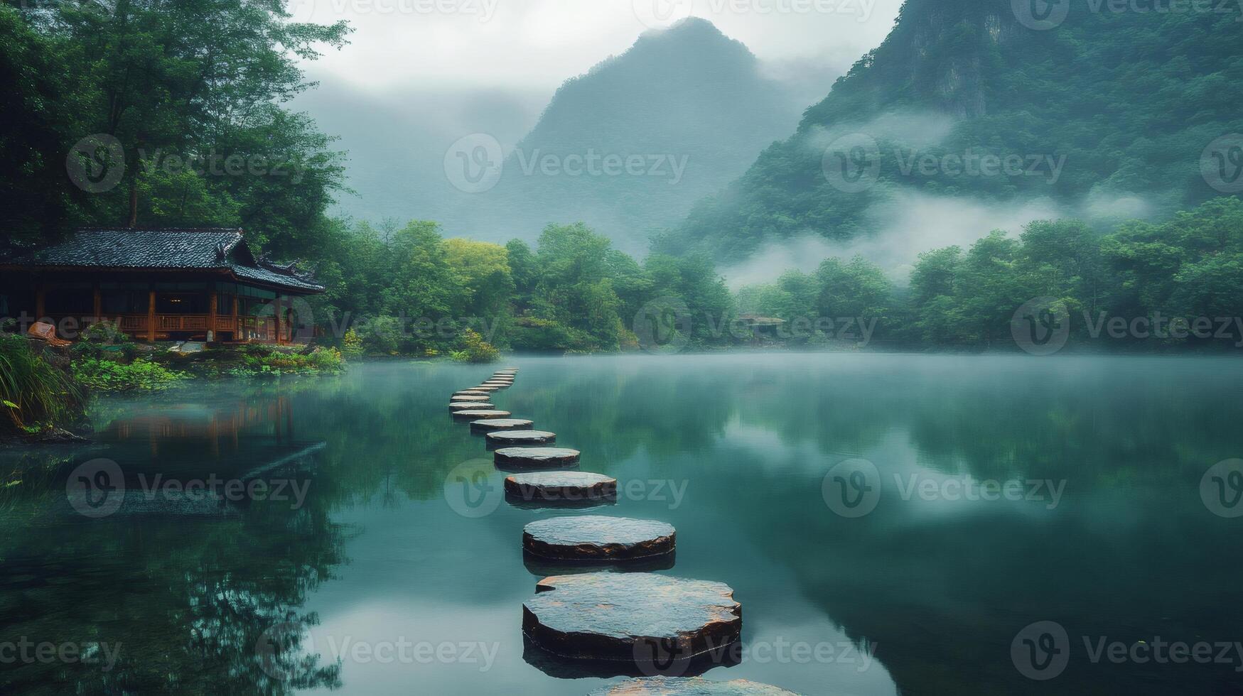 Stepping stones leading to tranquil pagoda in misty chinese mountains photo