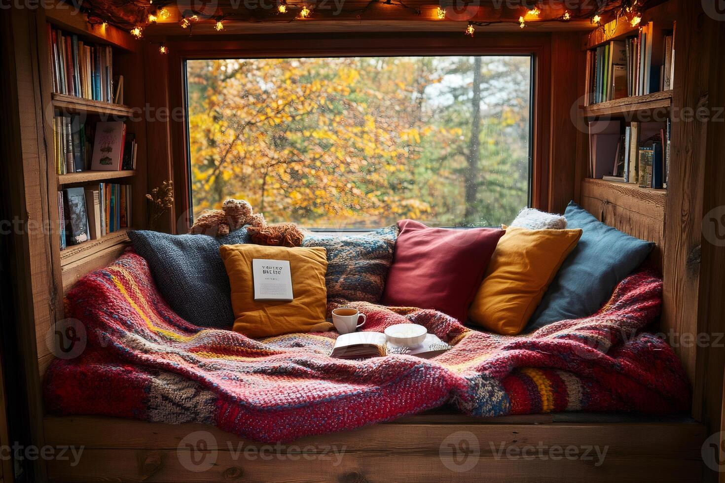 Cozy reading nook overlooking autumn forest with warm blanket and pillows photo