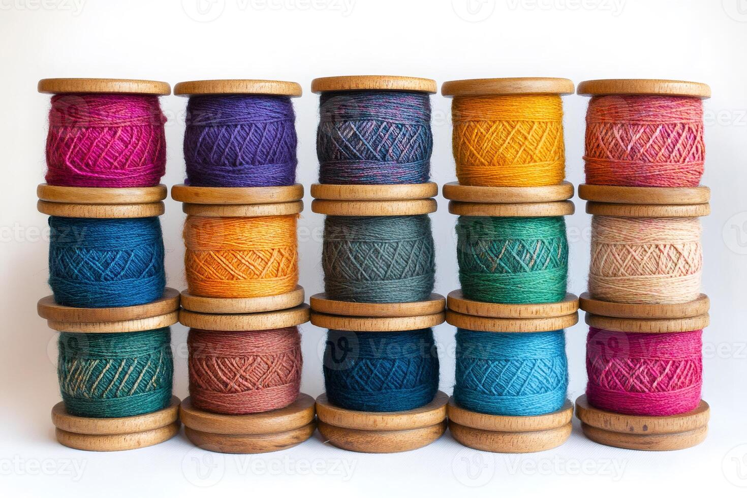 Colorful spools of thread arranged on white background for sewing and embroidery photo