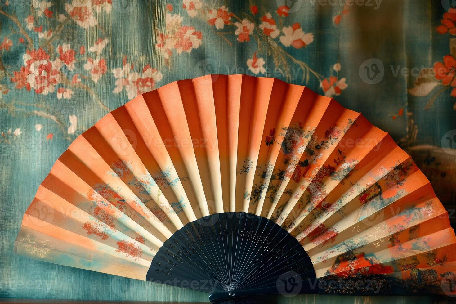 Elegant japanese fan displayed against a matching floral backdrop, showcasing traditional artistry photo