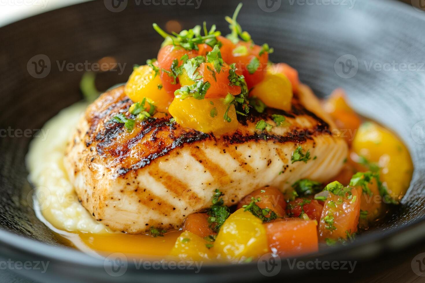 Grilled white fish with yellow tomato and mango salsa on polenta photo