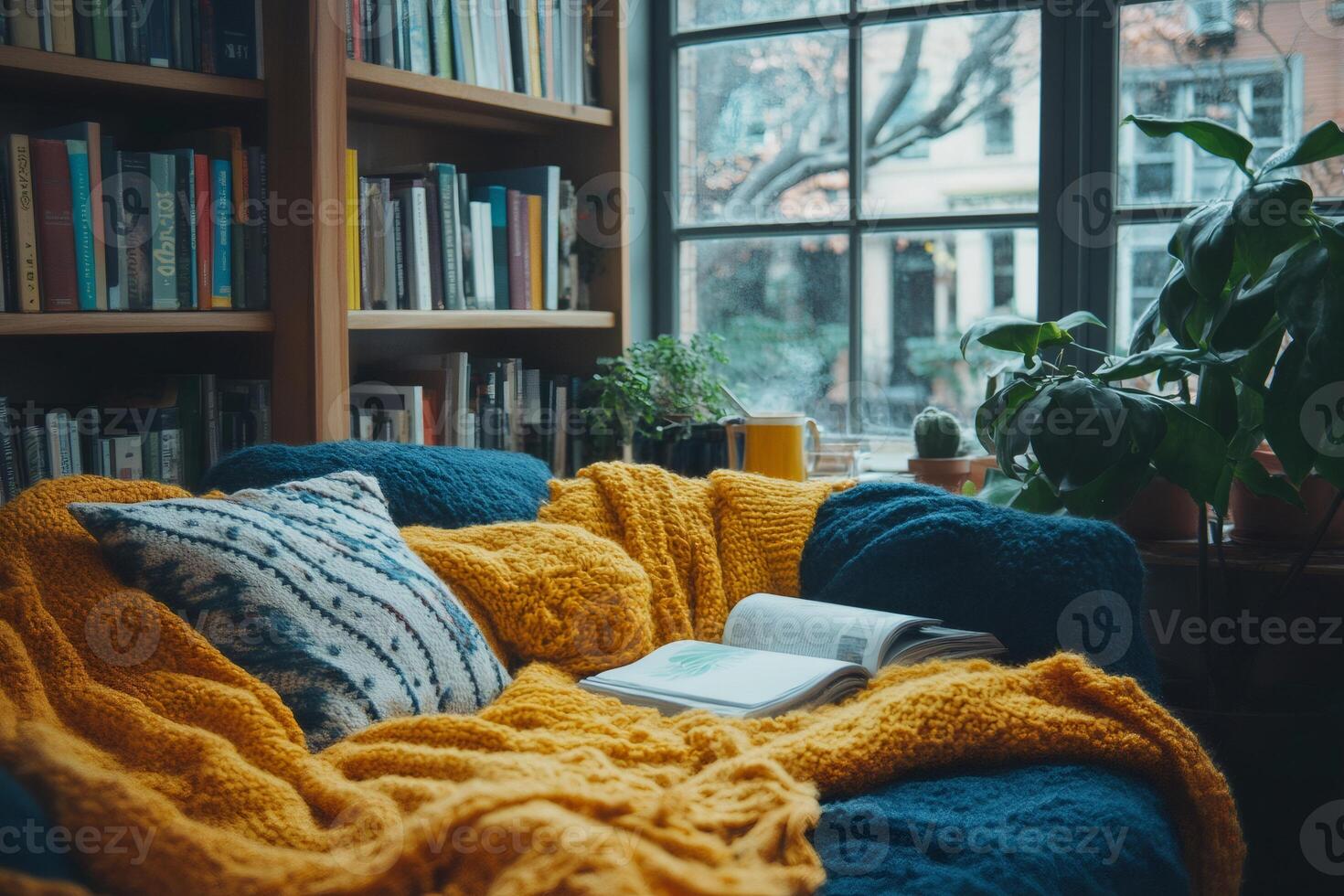 Cozy reading nook overlooking city view on rainy day photo