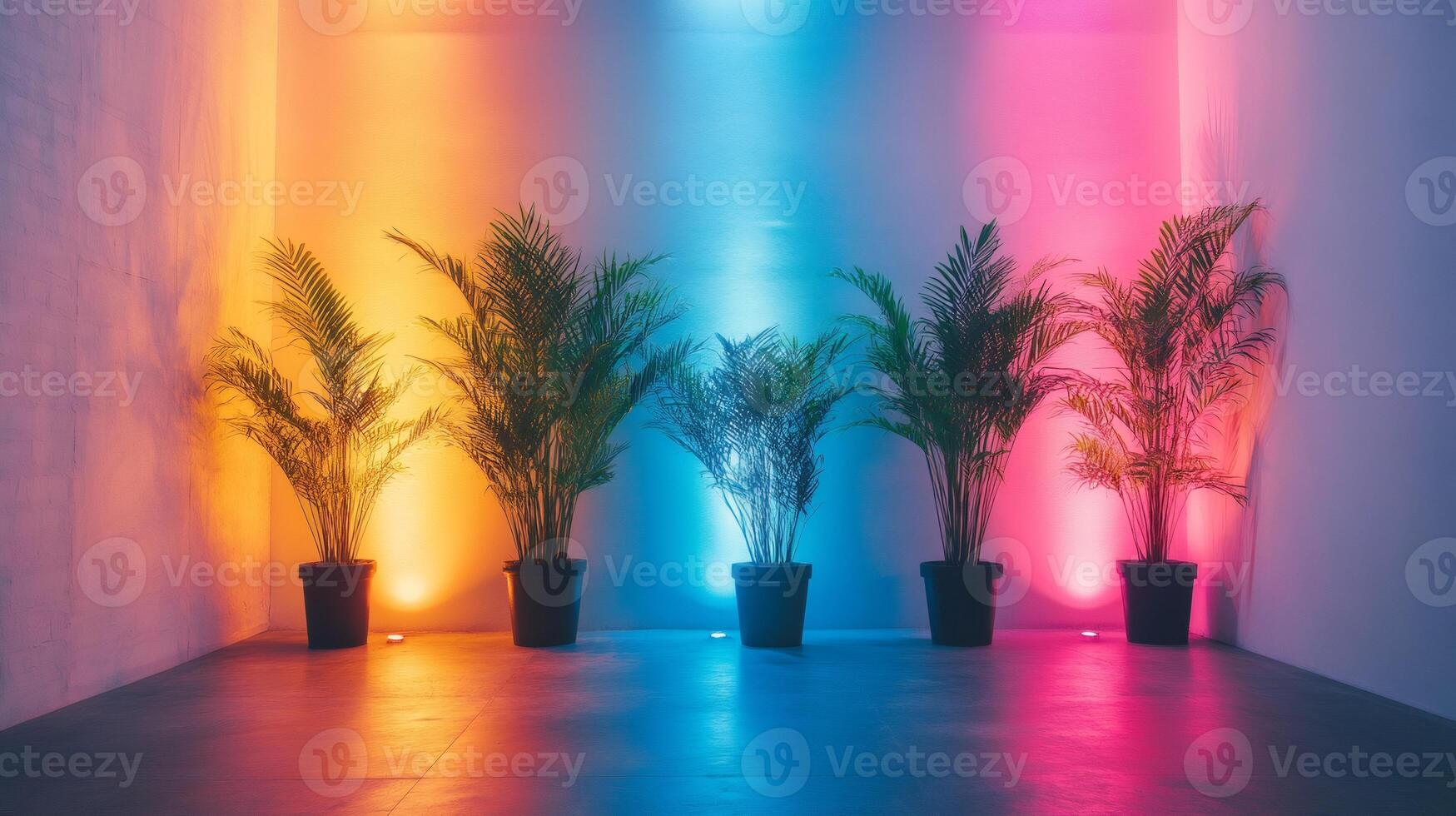 Four potted plants illuminated by colorful led lights creating a vibrant backdrop photo