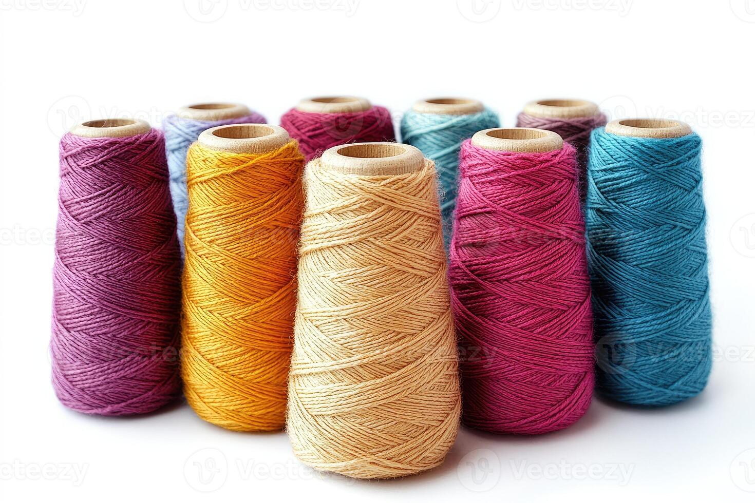 Colorful yarn cones standing on white background for knitting and crochet photo