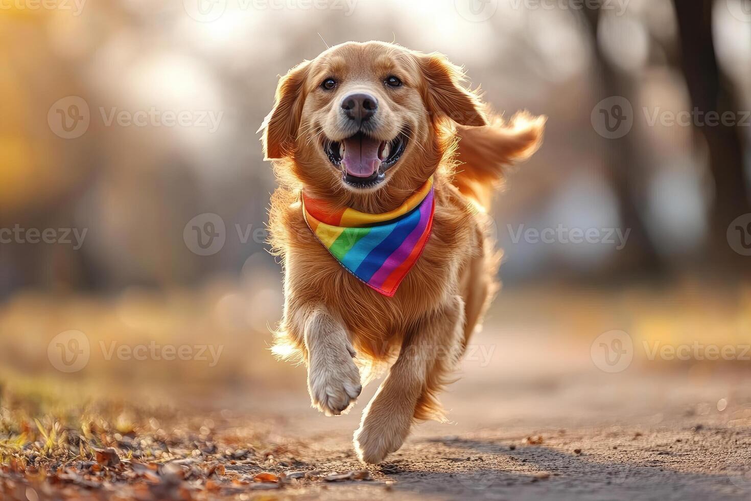 Golden retriever running happily wearing rainbow scarf in park photo