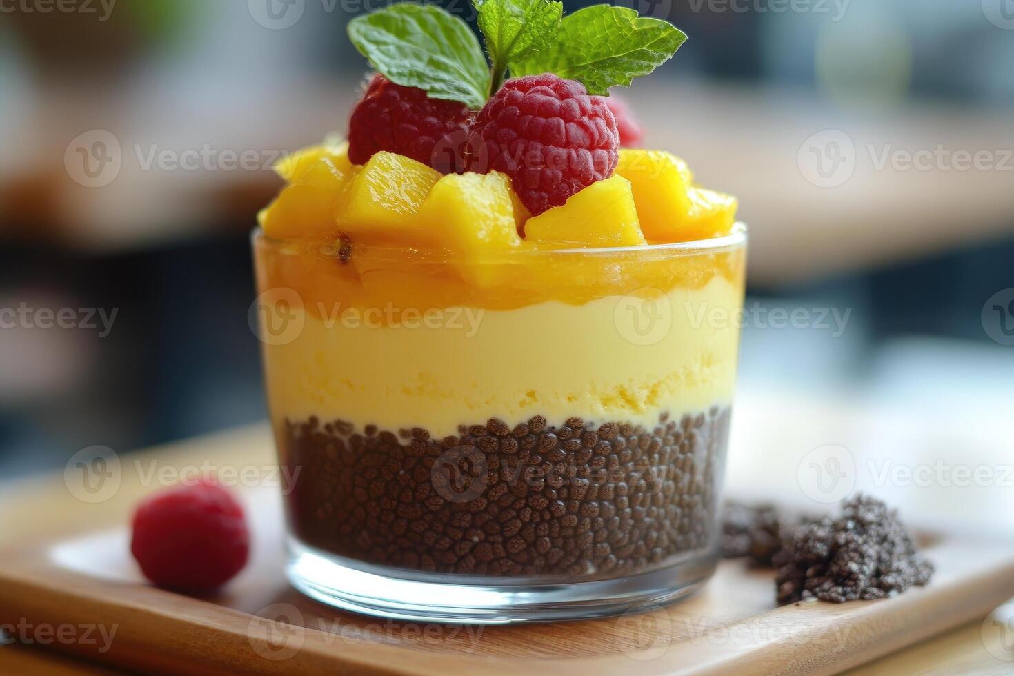 Delicious layered dessert with mango, chia seeds, yogurt, and raspberries photo