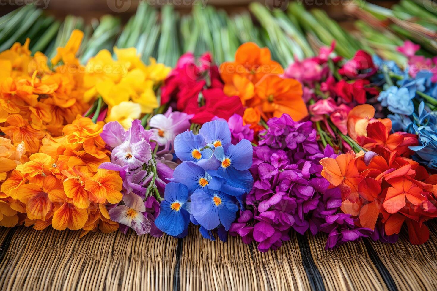 Colorful fresh cut flowers arranged by a florist creating a rainbow effect photo