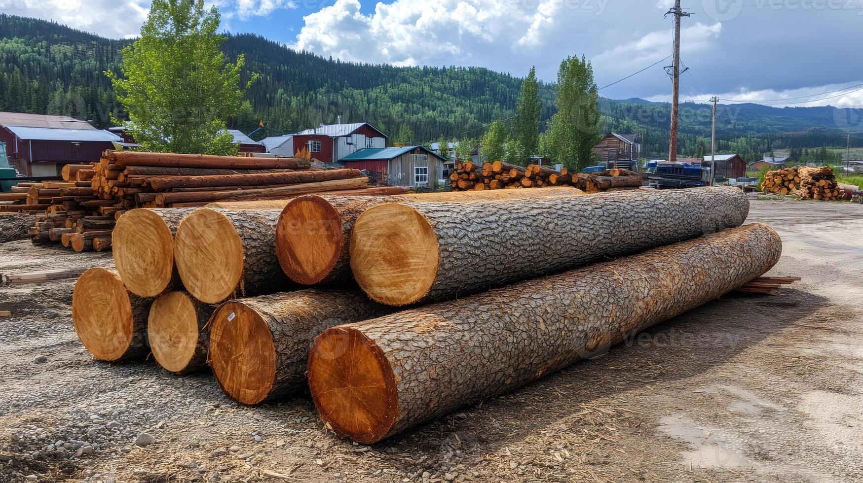 Large logs stacked at lumber mill in rural setting photo