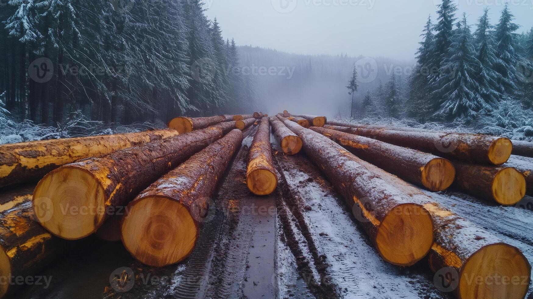 Freshly cut logs covered with snow laying on ground in forest photo