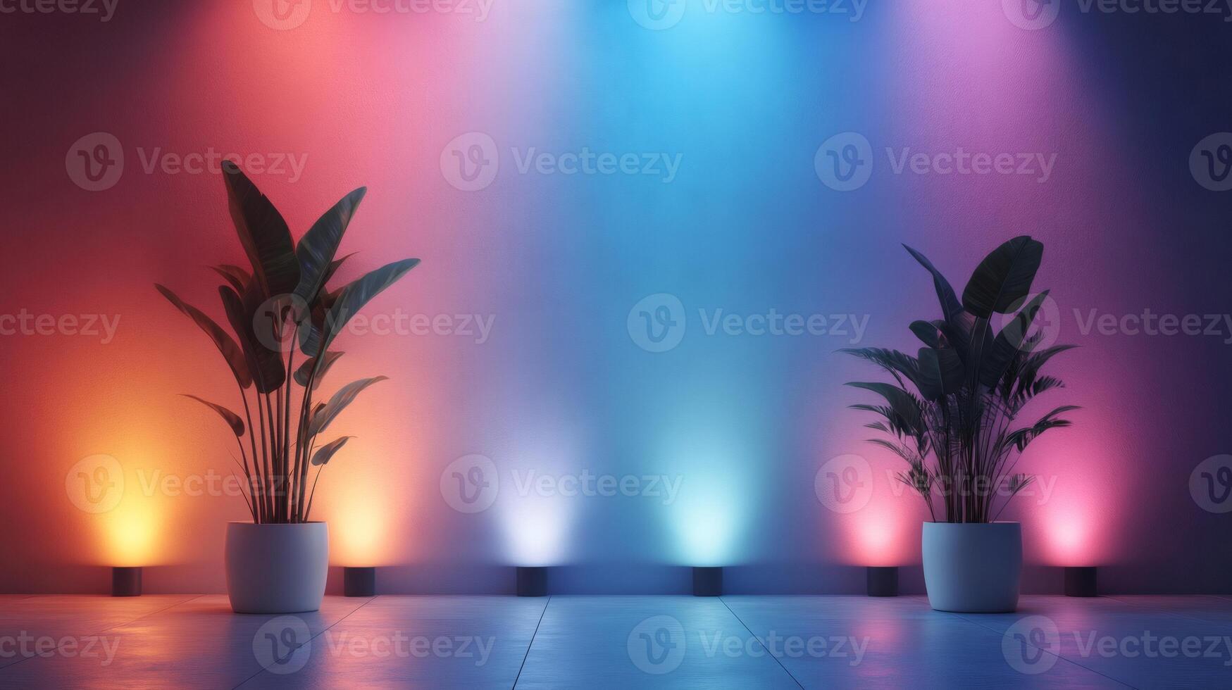 Two potted plants illuminated by colorful led lights creating a vibrant atmosphere photo