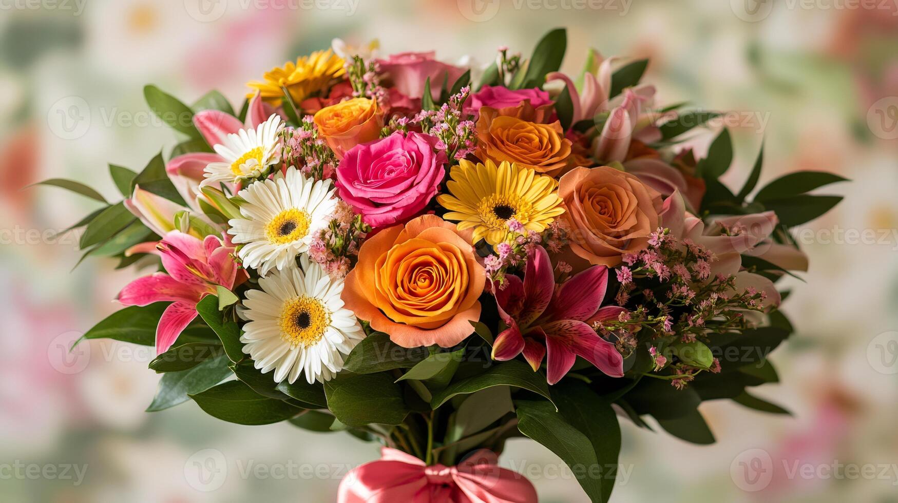 Bouquet of colorful roses, lilies, and gerbera daisies creating a vibrant floral display photo