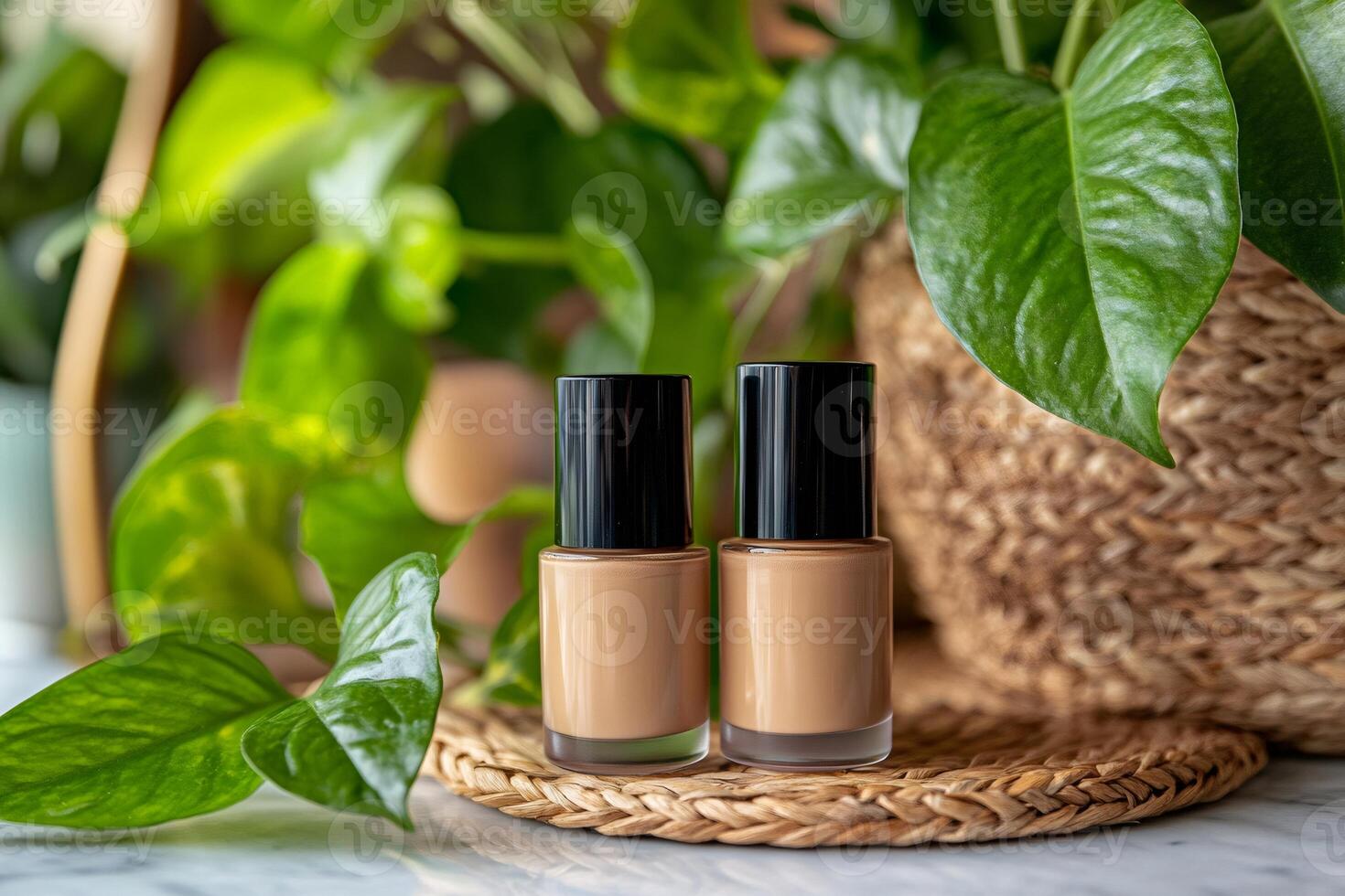 Two foundation bottles displayed on wicker mat with lush green plants photo
