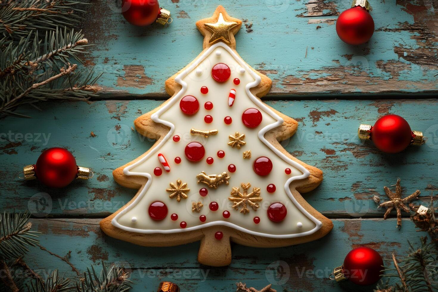 Christmas tree shaped cookie decorated with icing on rustic wooden surface photo