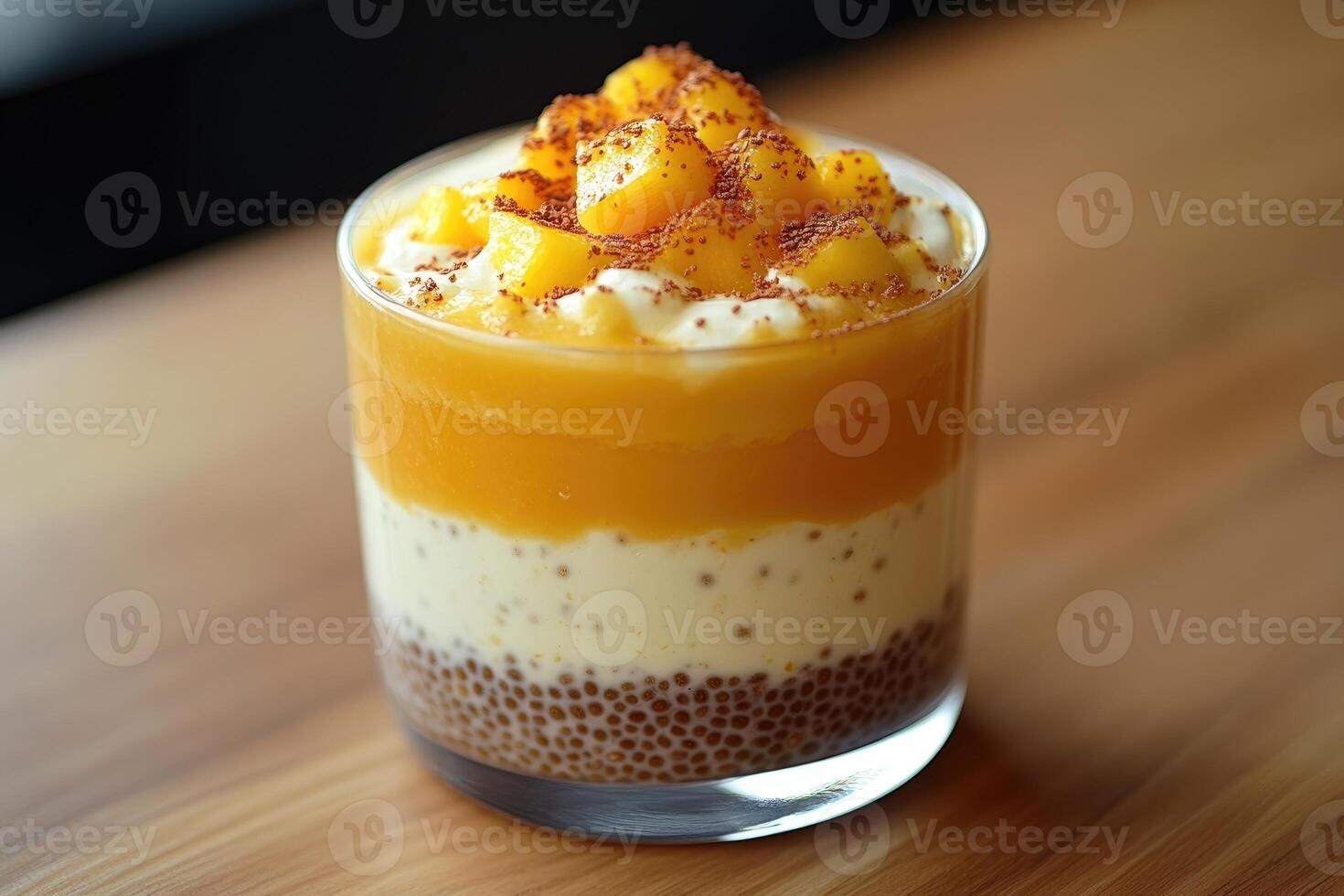 Delicious layered dessert featuring mango, yogurt, chia seeds, and chocolate powder photo