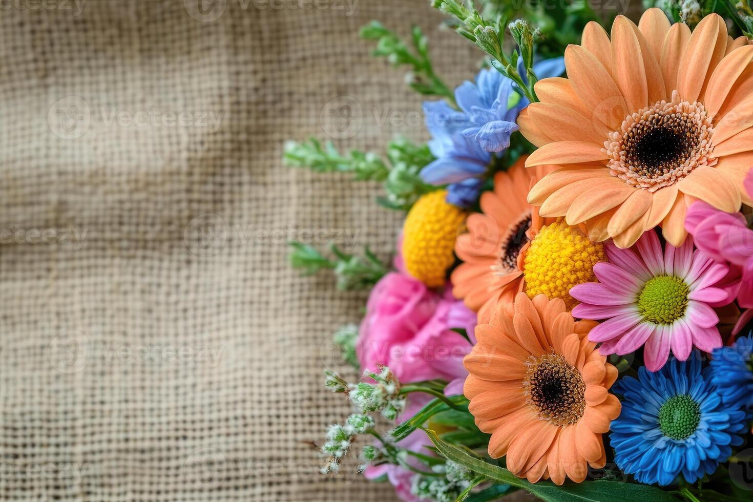 Colorful gerbera flowers bouquet resting on rustic burlap background photo