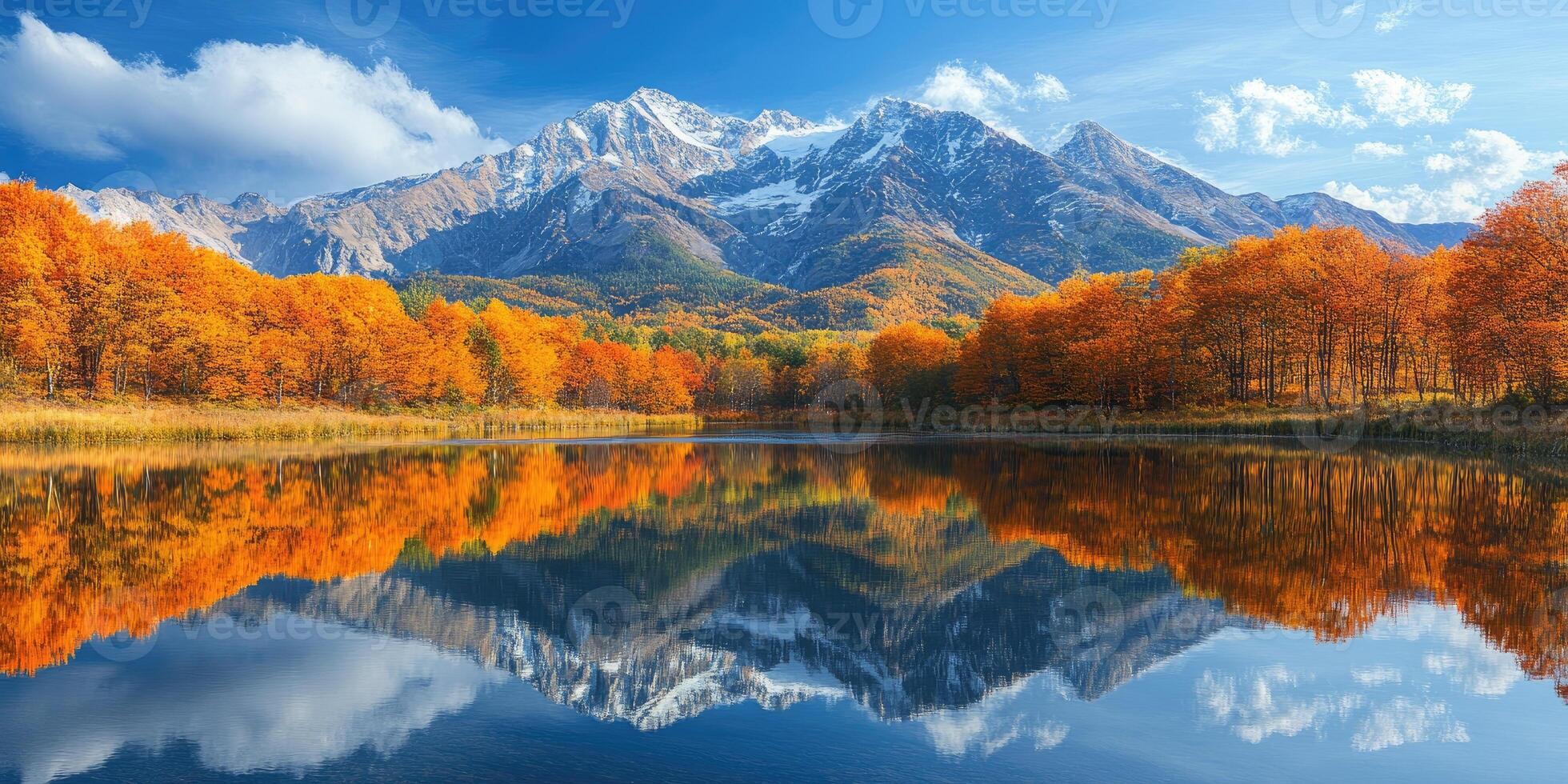 Snow capped mountain reflecting in lake with autumn trees photo