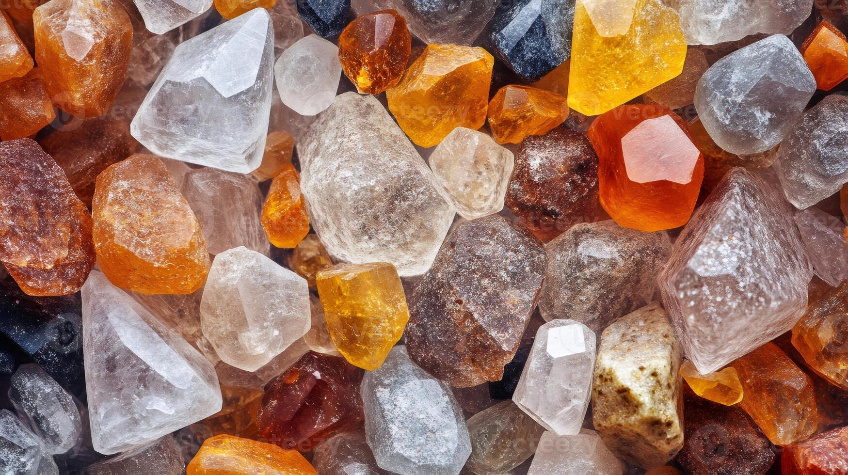 Colorful citrine and quartz crystals forming a sparkling textured background photo