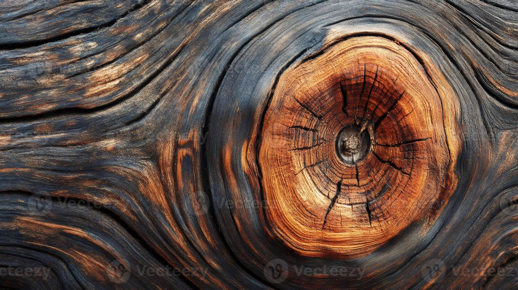 Close-up of weathered wood grain showing knot and growth rings photo