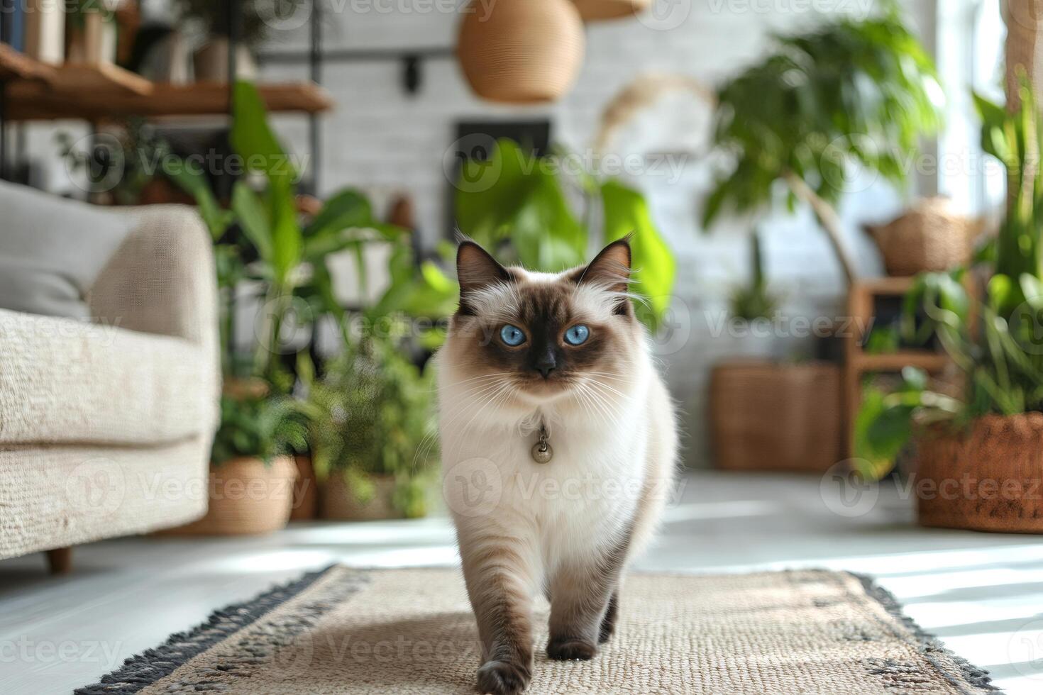Cute ragdoll cat walking on carpet in cozy living room photo