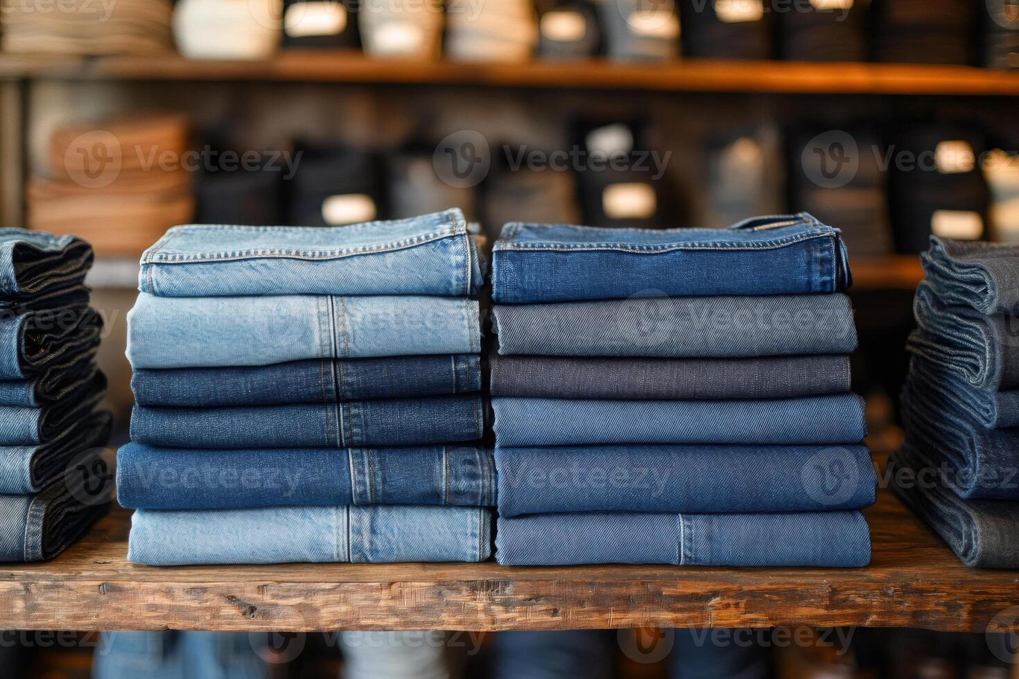 Stacks of folded jeans on display in clothing store photo