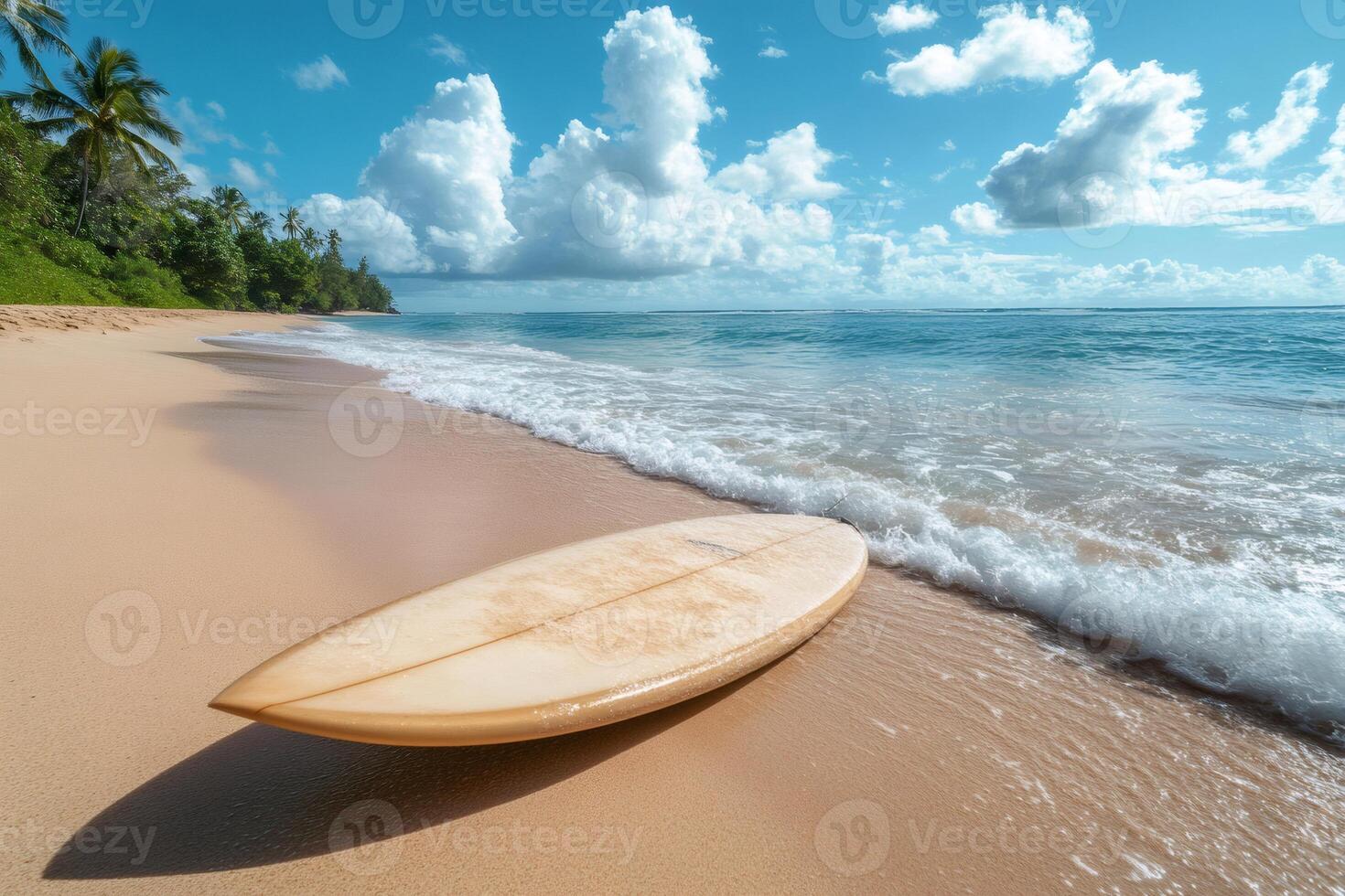 Surfboard resting on the shore of a tropical beach under a cloudy sky photo