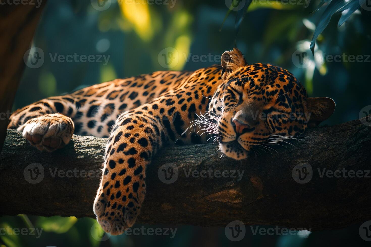 Leopard sleeping peacefully on a tree branch in lush jungle photo