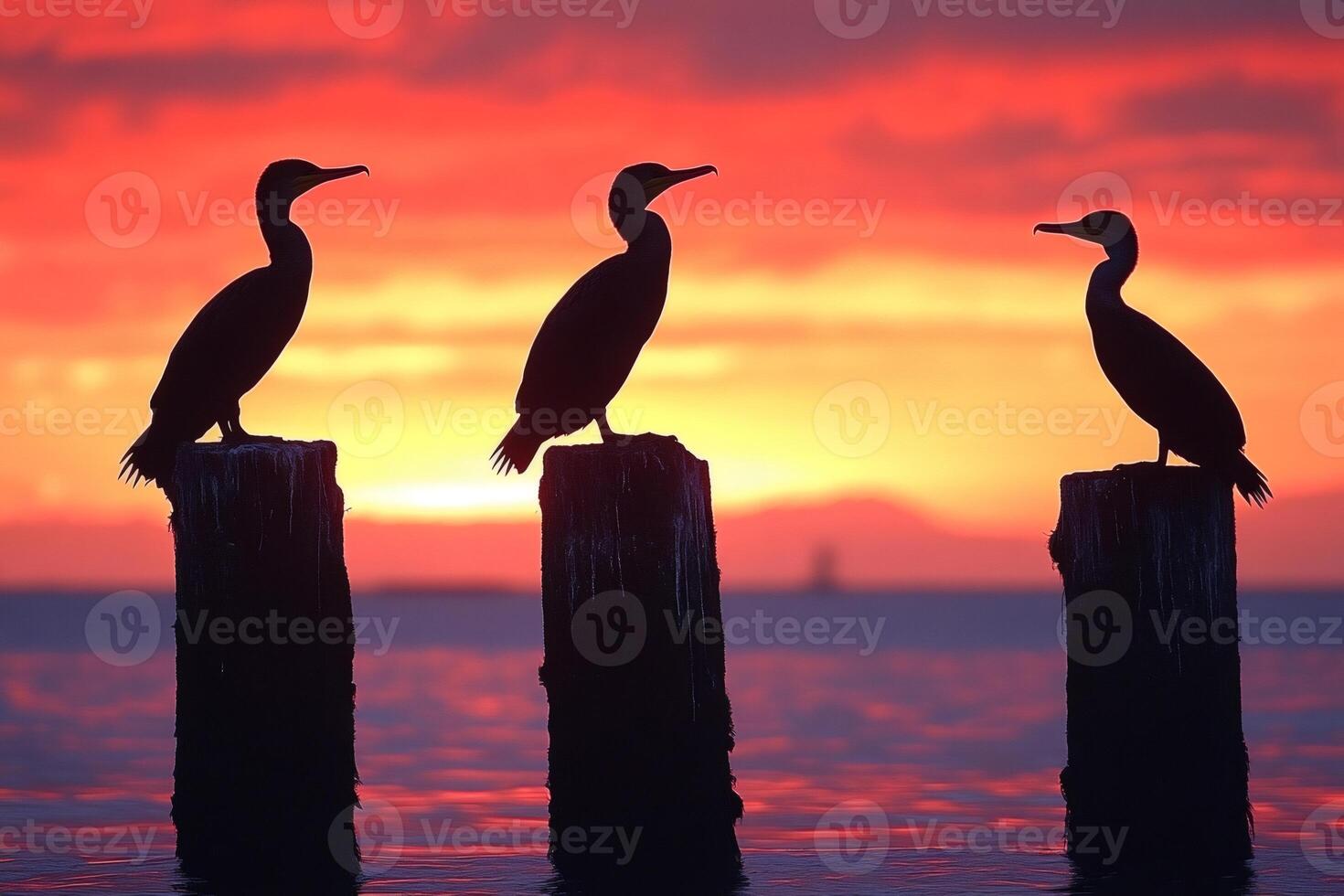 Three cormorants perched on pilings at sunset creating stunning silhouette photo