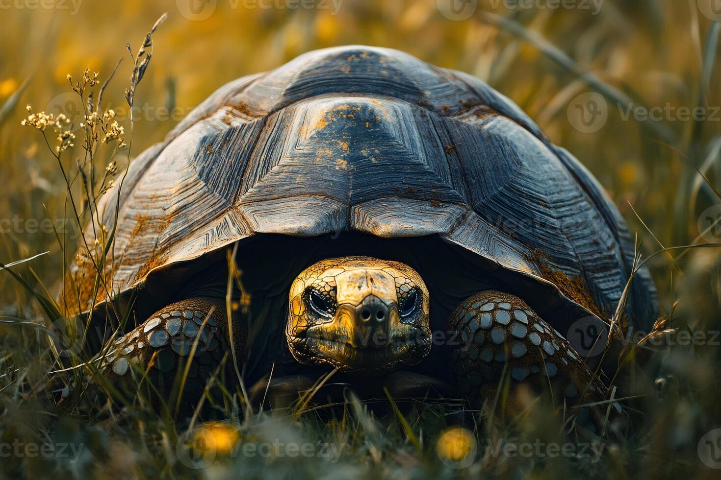 Giant galapagos tortoise walking in the grass at sunset photo