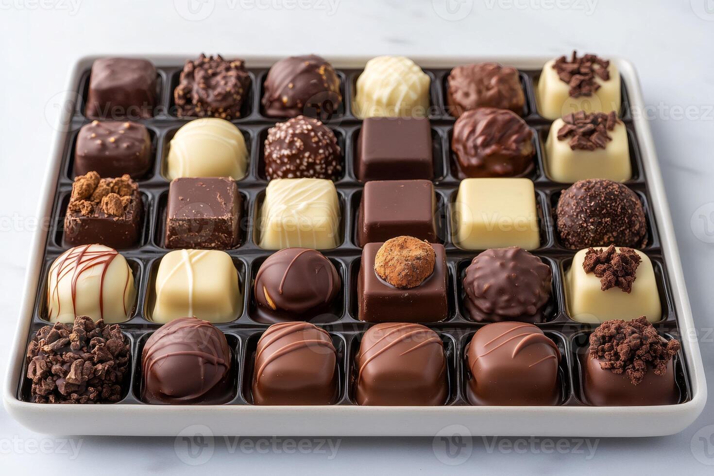 Box of assorted gourmet chocolates displaying variety photo