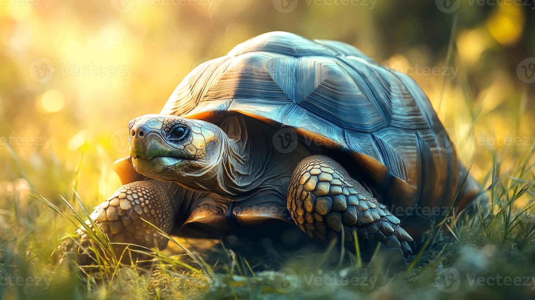 Giant tortoise walking on grass in golden sunlight photo