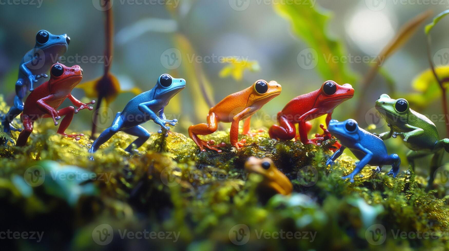 Colorful poison dart frogs standing on moss in rainforest photo