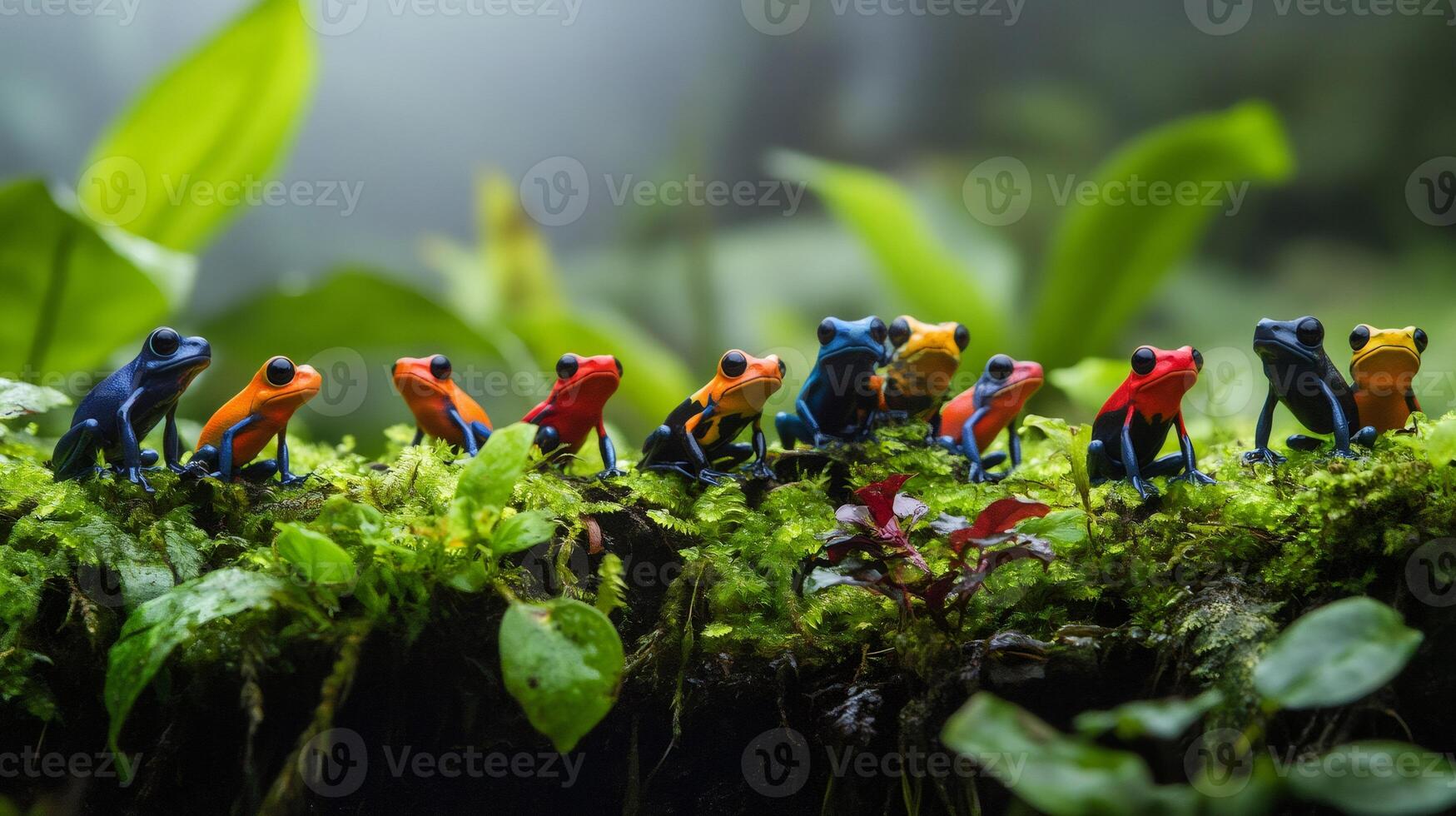 Colorful poison dart frogs sitting on mossy surface in rainforest photo