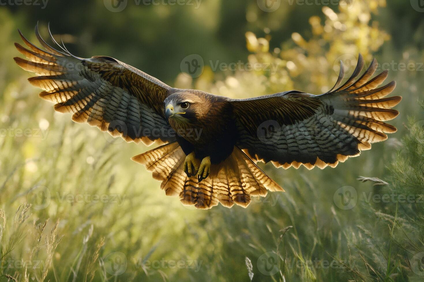 Red-tailed hawk gliding over field with outstretched wings photo