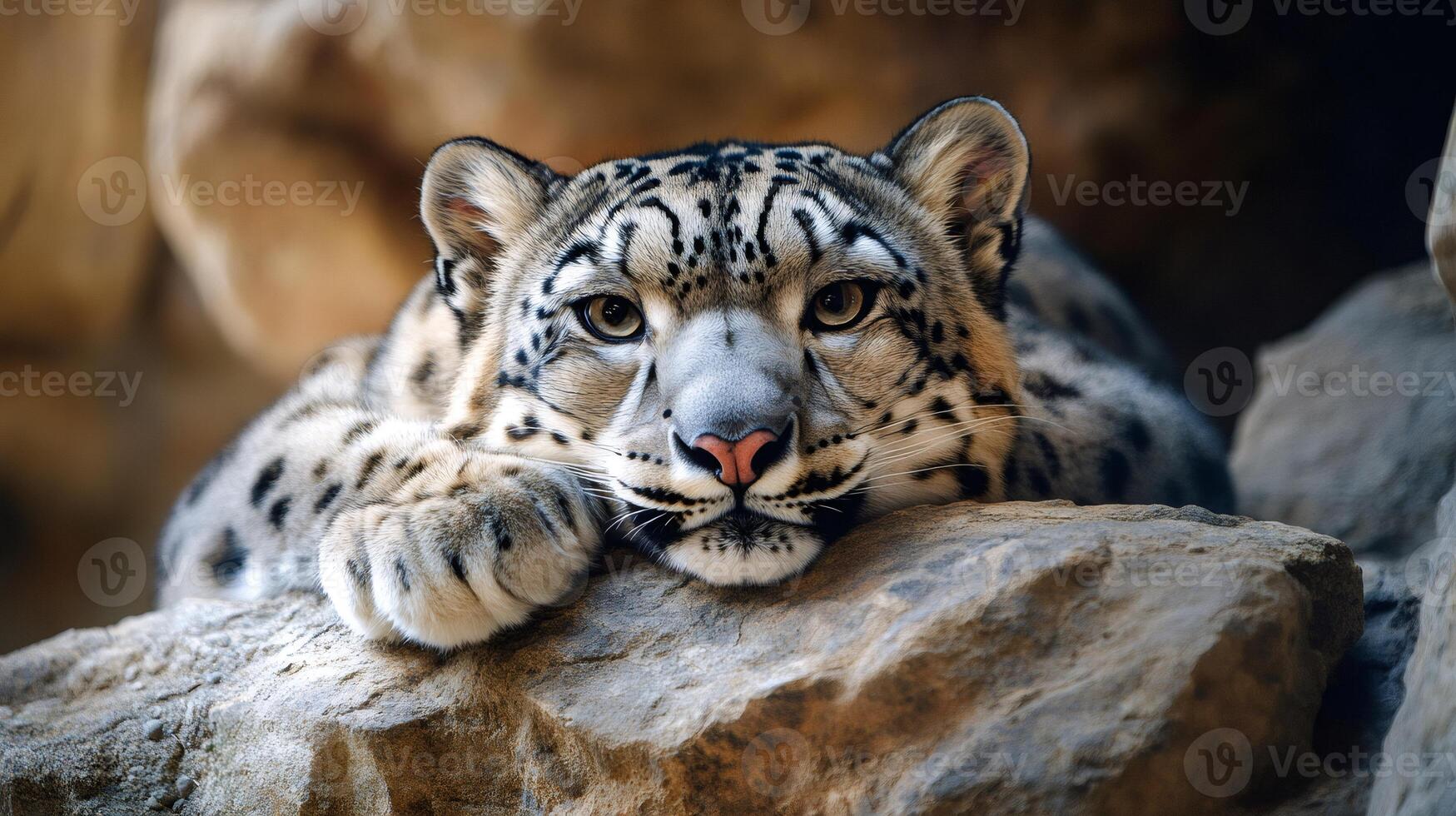 Snow leopard resting its head on rock in zoo habitat photo